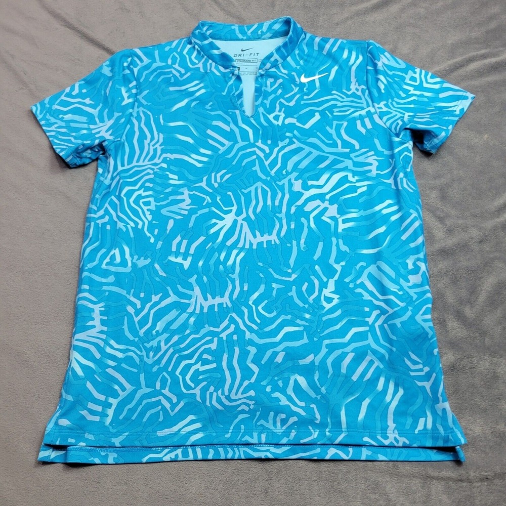 Nike Golf Top Girl Medium Shirt Blue Zebra Short Sleeve Pullover DriFit Athletic